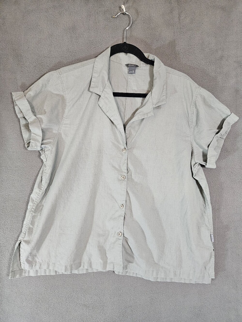 Eddie Bauer Womens XL Linen Blend Button Shirt Green Cuff Short Sleeve Coastal